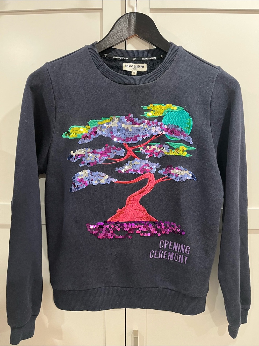 Opening Ceremony Navy Crewneck Sweater with Yellow Sequin Detail